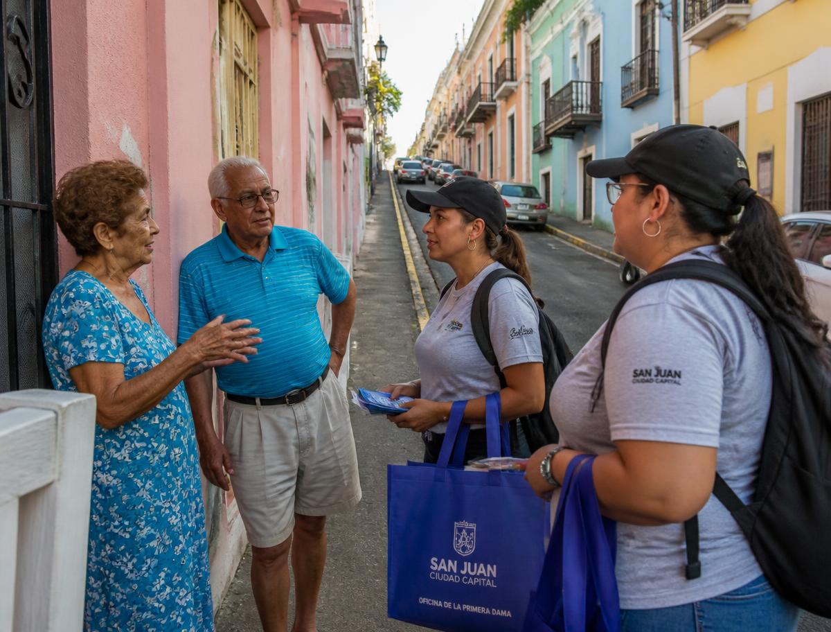 Outreach workers speaking with neighbors on a San Juan street