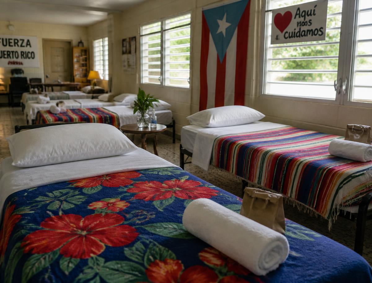 Shelter beds prepared with Puerto Rican textiles and welcome kits